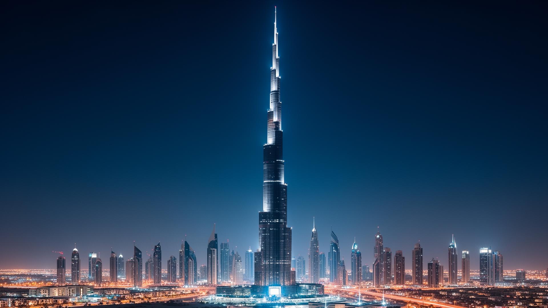 Telecommunications tower over the Dubai skyline at night